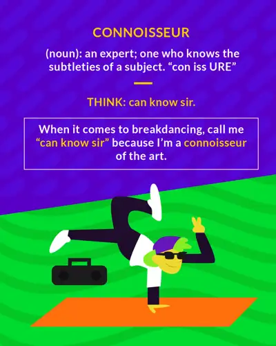 Connoisseur cartoon: a breakdancer in sunglasses spinning on a mat beside a boombox