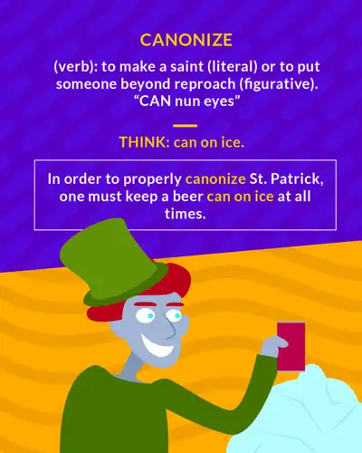 Canonize cartoon: a man in a green top hat holding a beer can beside a block of ice