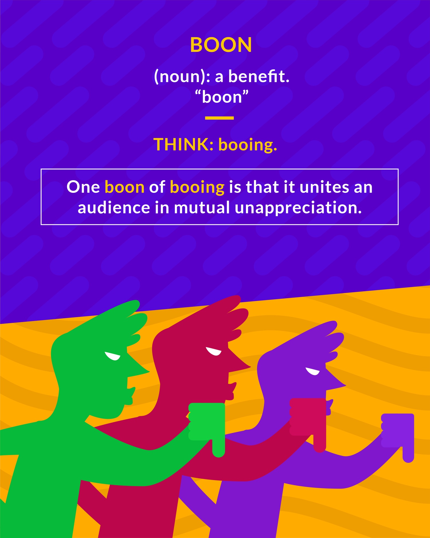 Boon cartoon: a crowd of colorful silhouettes booing with thumbs down