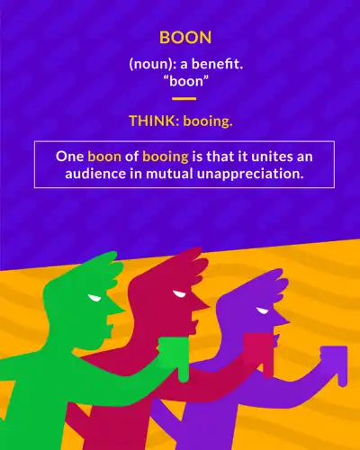 Boon cartoon: a crowd of colorful silhouettes booing with thumbs down