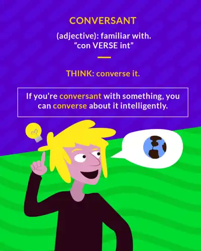 Conversant cartoon: a blond man with a lightbulb above his head and a speech bubble showing a globe