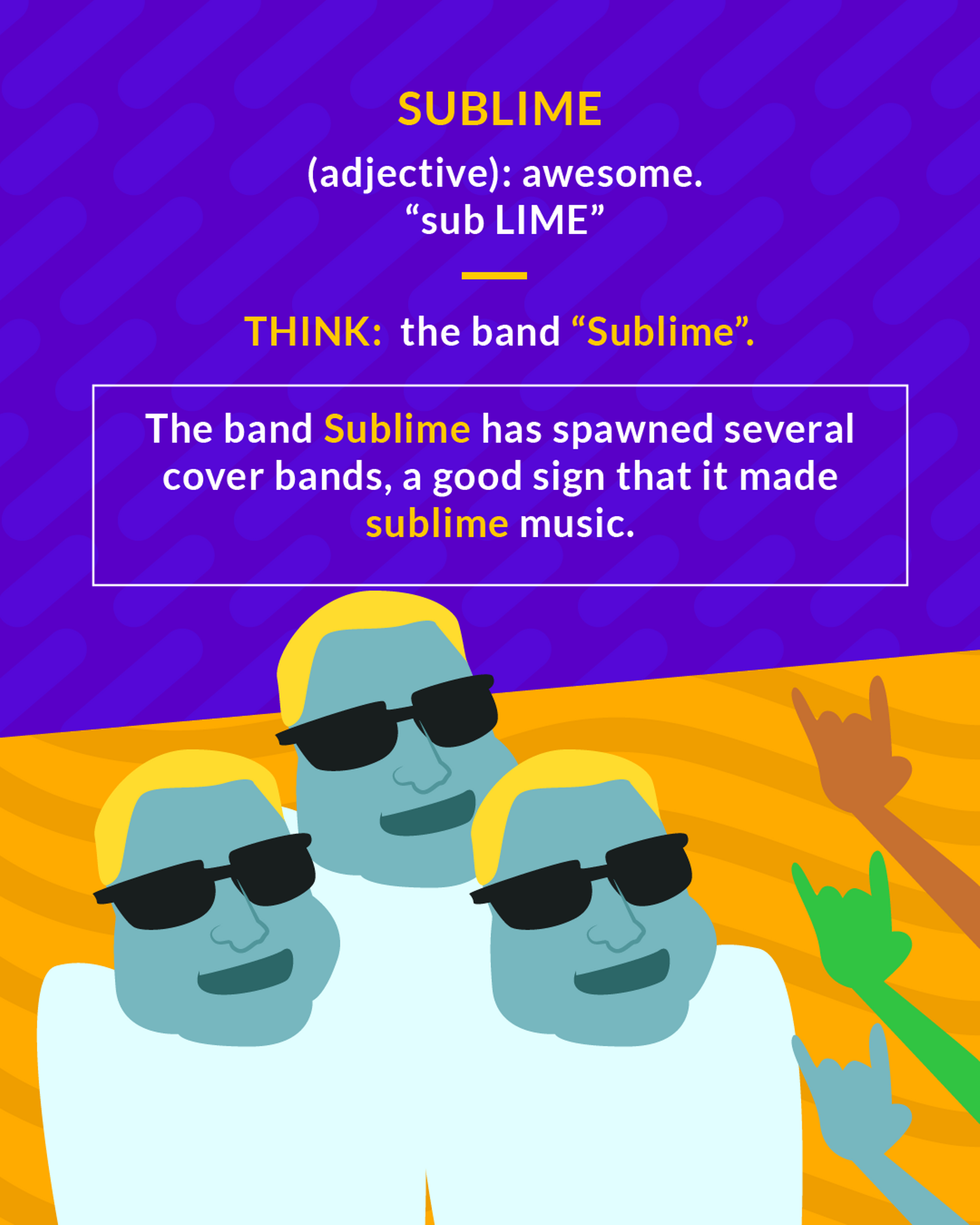 Sublime cartoon: a cool trio in sunglasses with a crowd throwing rock-on hand signs