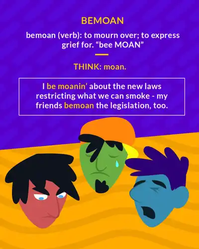 Bemoan cartoon: three gloomy faces, one crying, one moaning and one frowning