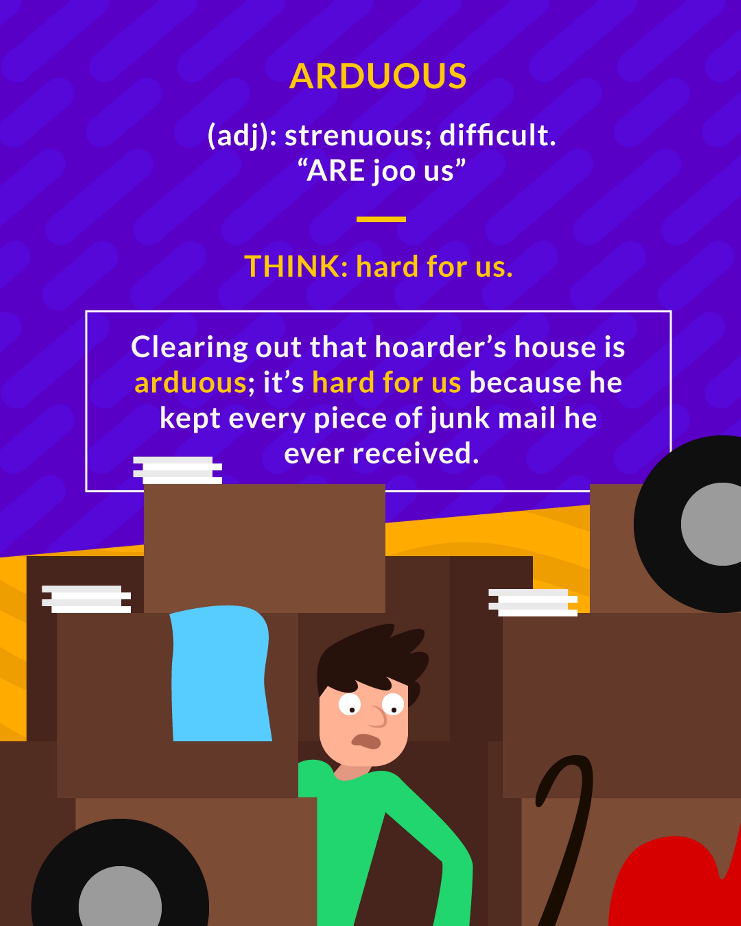 Arduous cartoon: a man standing in a house crammed with boxes, tires and junk mail