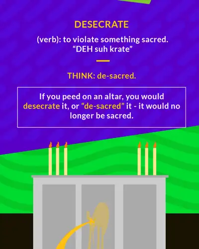 Desecrate cartoon: candles on an altar with a dog urinating on it