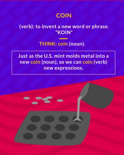 Coin cartoon: molten metal poured from a pot into a coin mold beside loose coins