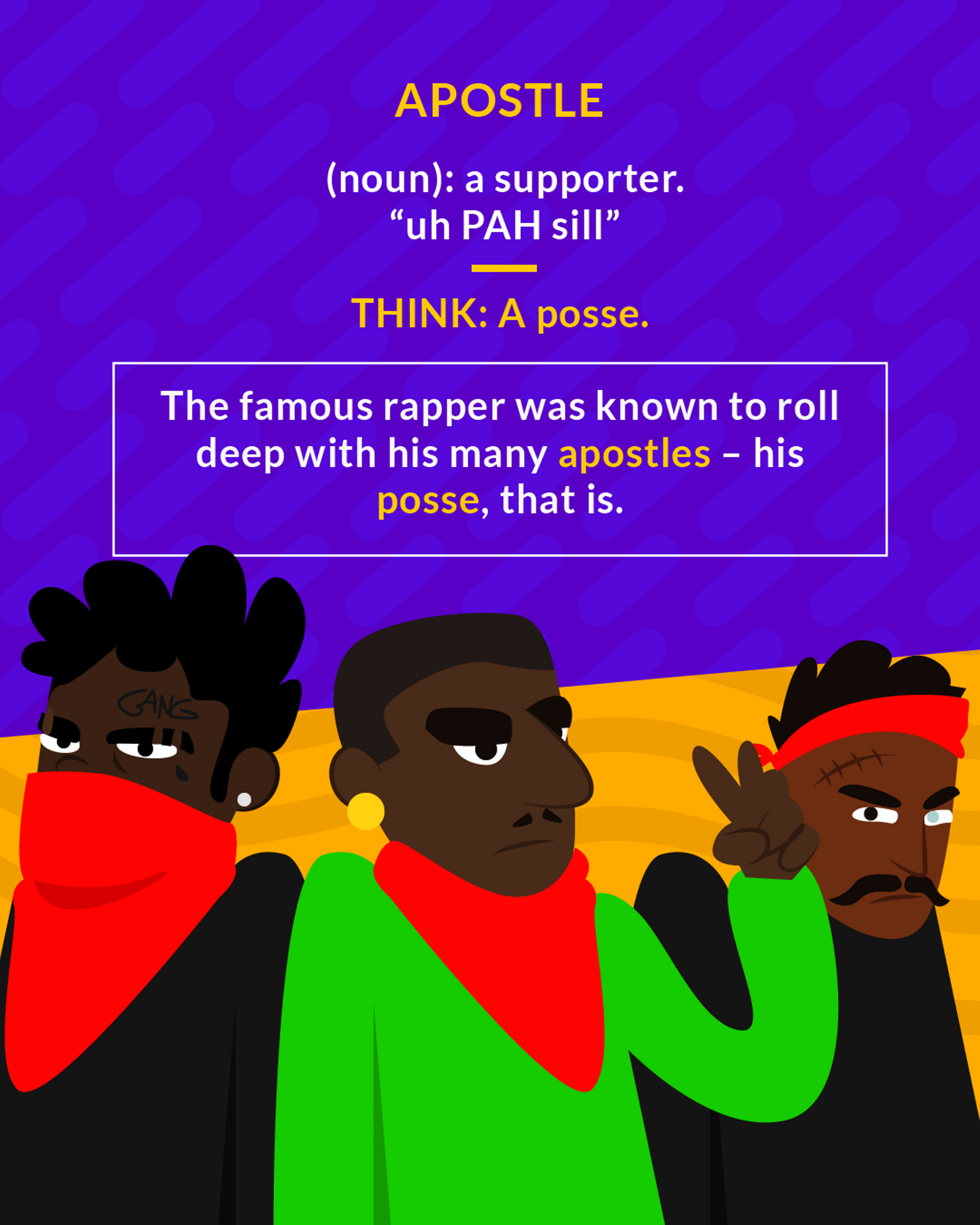 Apostle cartoon: three rappers in bandanas standing together like a posse