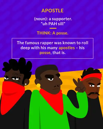 Apostle cartoon: three rappers in bandanas standing together like a posse