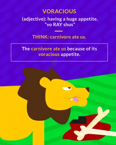 Voracious cartoon: a lion licking its lips over a pile of picked-clean bones