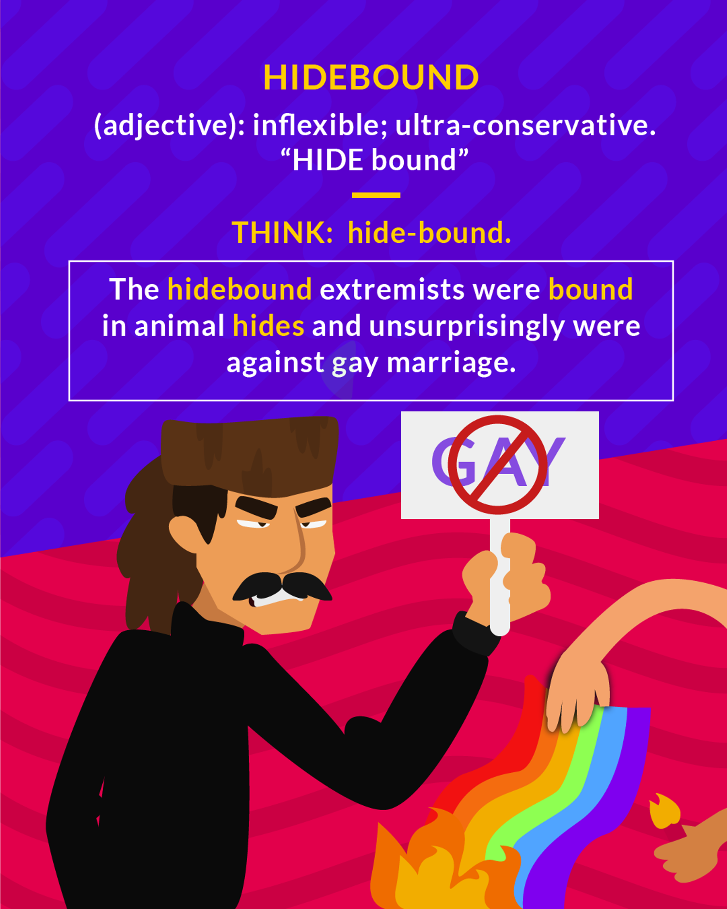 Hidebound cartoon: a stern man holding an anti-gay sign next to a burning rainbow