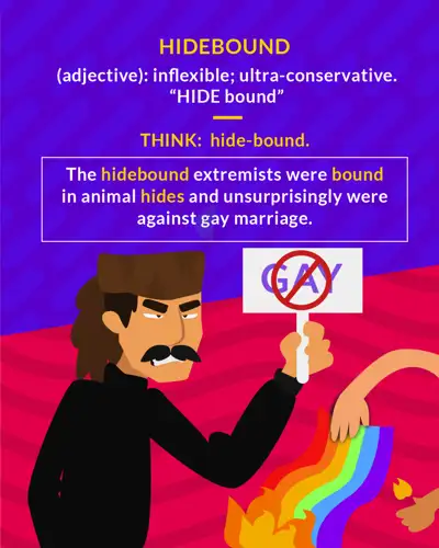 Hidebound cartoon: a stern man holding an anti-gay sign next to a burning rainbow