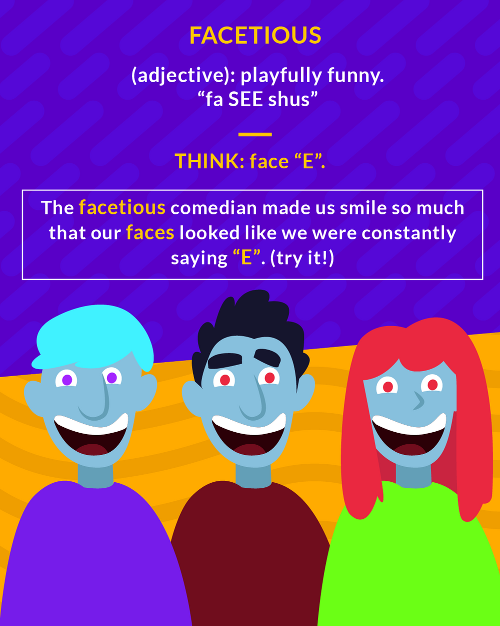 Facetious cartoon: three people making exaggerated wide grins