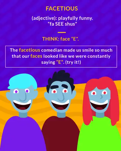 Facetious cartoon: three people making exaggerated wide grins