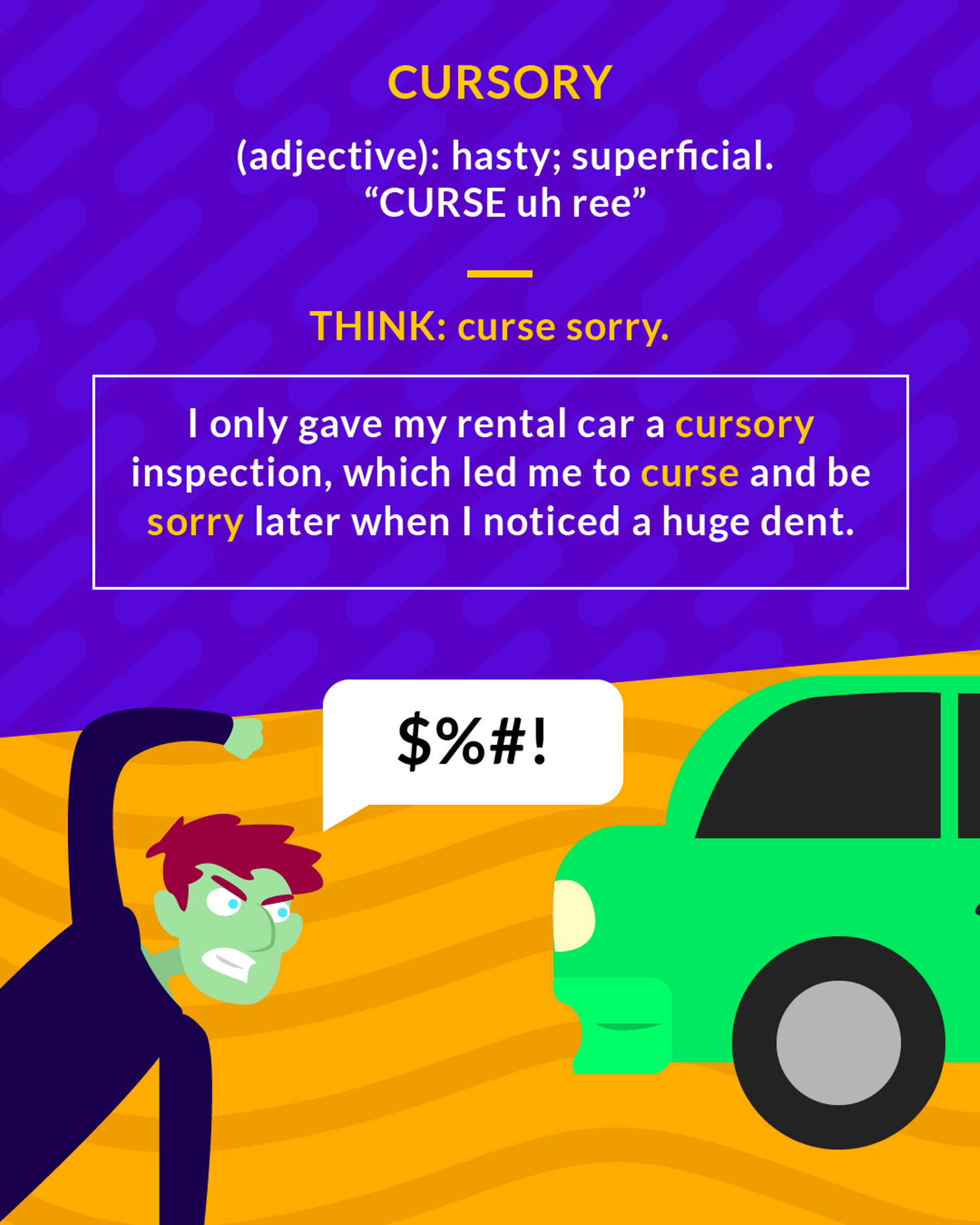 Cursory cartoon: a man with a swearing speech bubble standing next to a green car