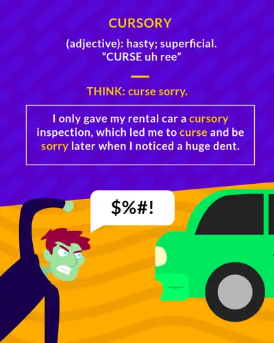 Cursory cartoon: a man with a swearing speech bubble standing next to a green car