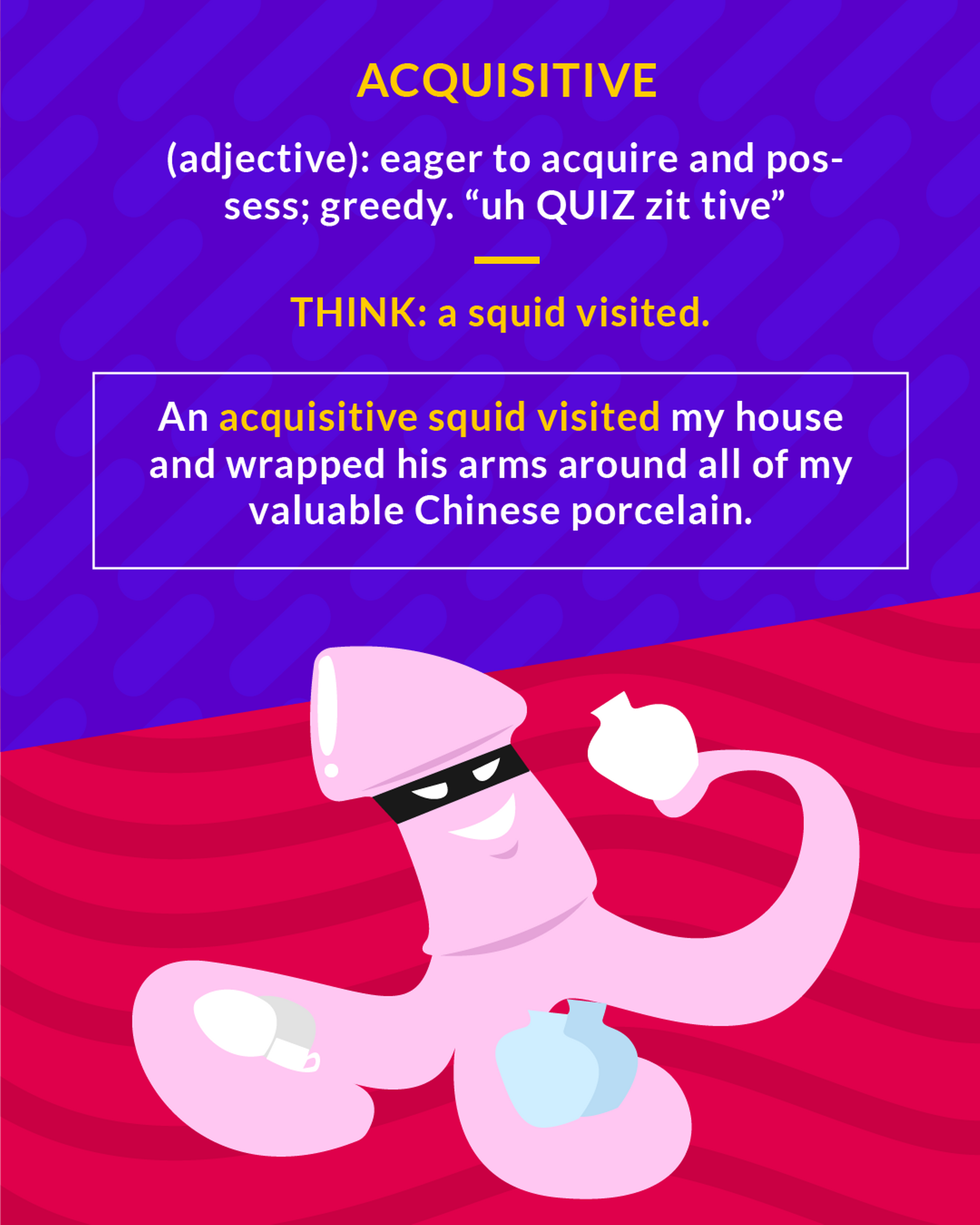 Acquisitive cartoon: a masked squid clutching stolen valuables in its tentacles