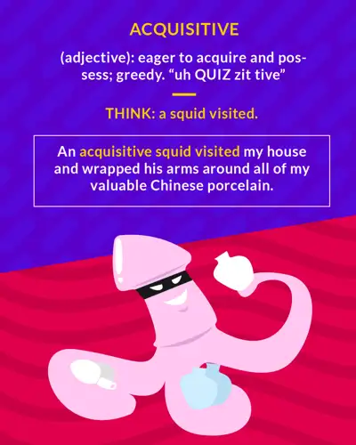 Acquisitive cartoon: a masked squid clutching stolen valuables in its tentacles