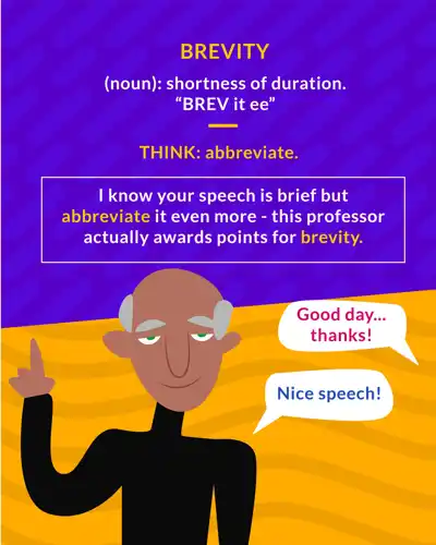 Brevity cartoon: a bald man in black giving a speech with bubbles saying Nice speech and Good day, thanks