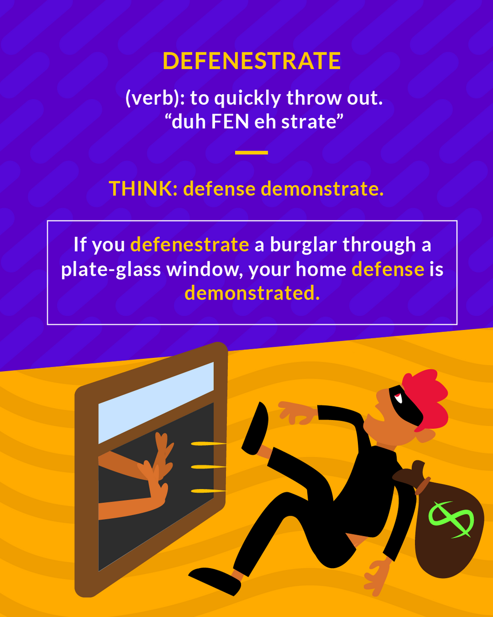 Defenestrate cartoon: a burglar being kicked out through a window