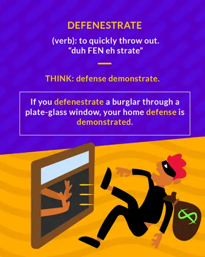 Defenestrate cartoon: a burglar being kicked out through a window