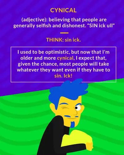 Cynical cartoon: a man with blue hair winking and leaning forward with a sly look