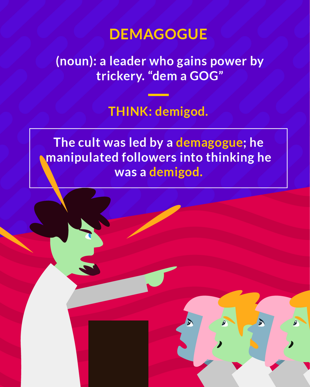 Demagogue cartoon: a ranting speaker pointing at a worried crowd