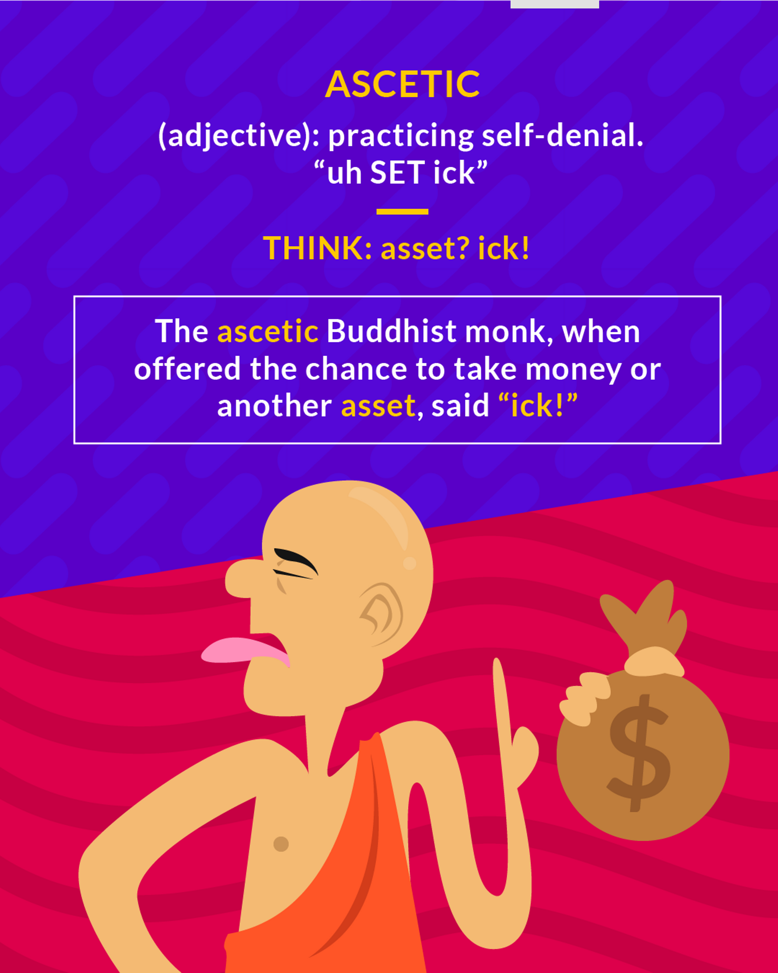 Ascetic cartoon: a monk in an orange robe recoiling from a bag of money