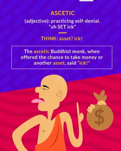 Ascetic cartoon: a monk in an orange robe recoiling from a bag of money
