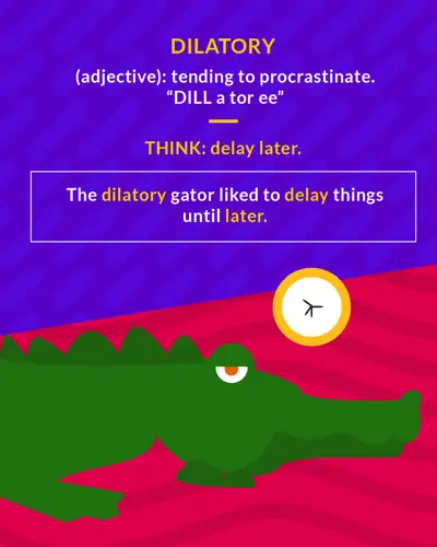 Dilatory cartoon: an alligator lounging next to a clock