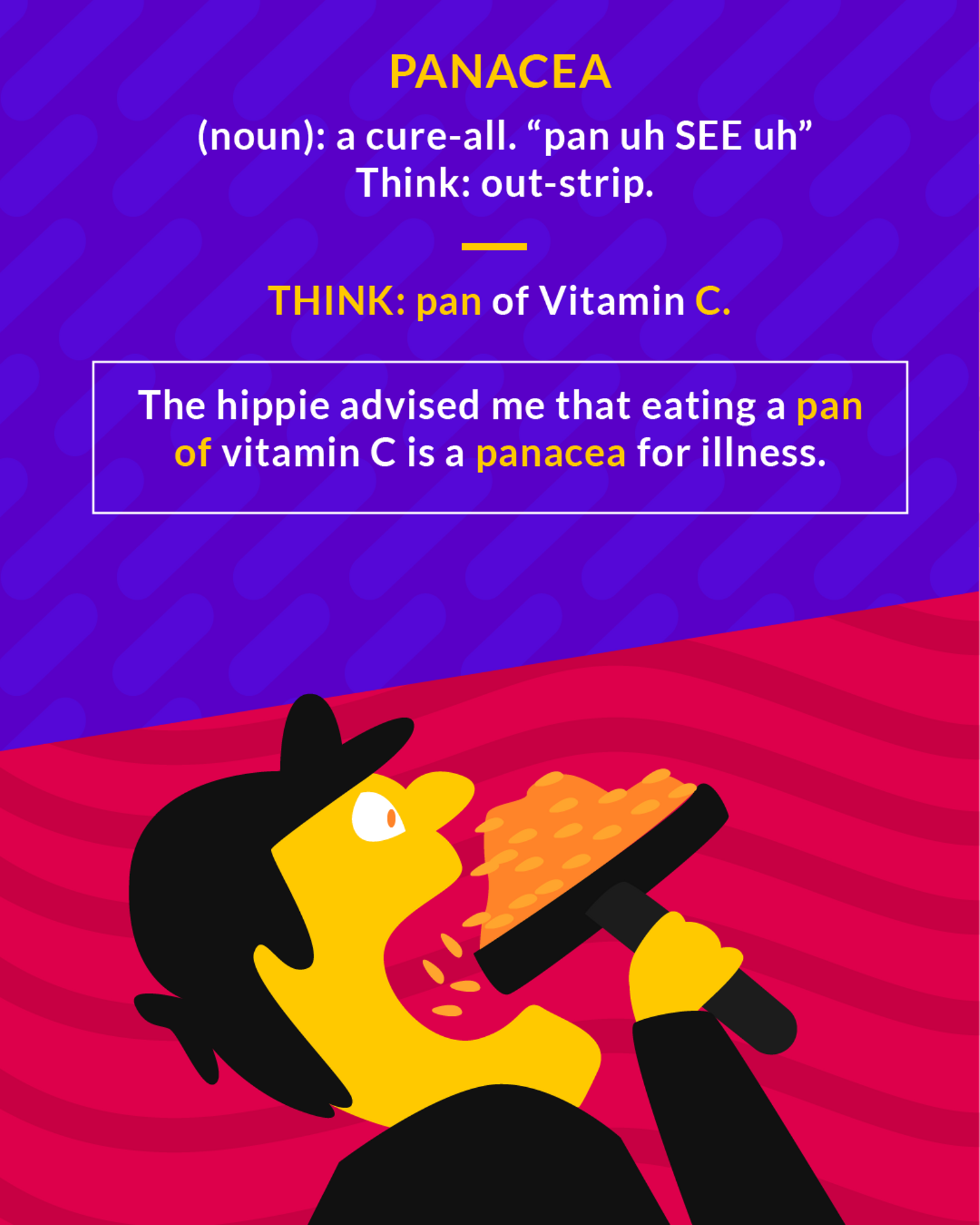 Panacea cartoon: a man in a cap tipping a pan of food into his mouth