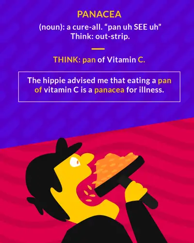 Panacea cartoon: a man in a cap tipping a pan of food into his mouth