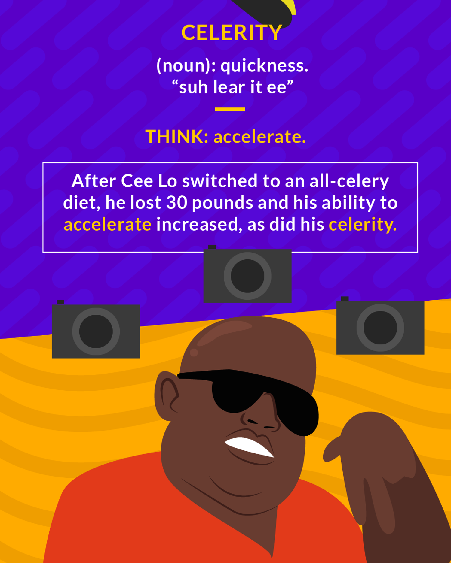 Celerity cartoon: a heavyset man in sunglasses surrounded by camera flashes