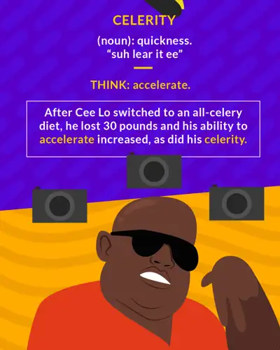 Celerity cartoon: a heavyset man in sunglasses surrounded by camera flashes