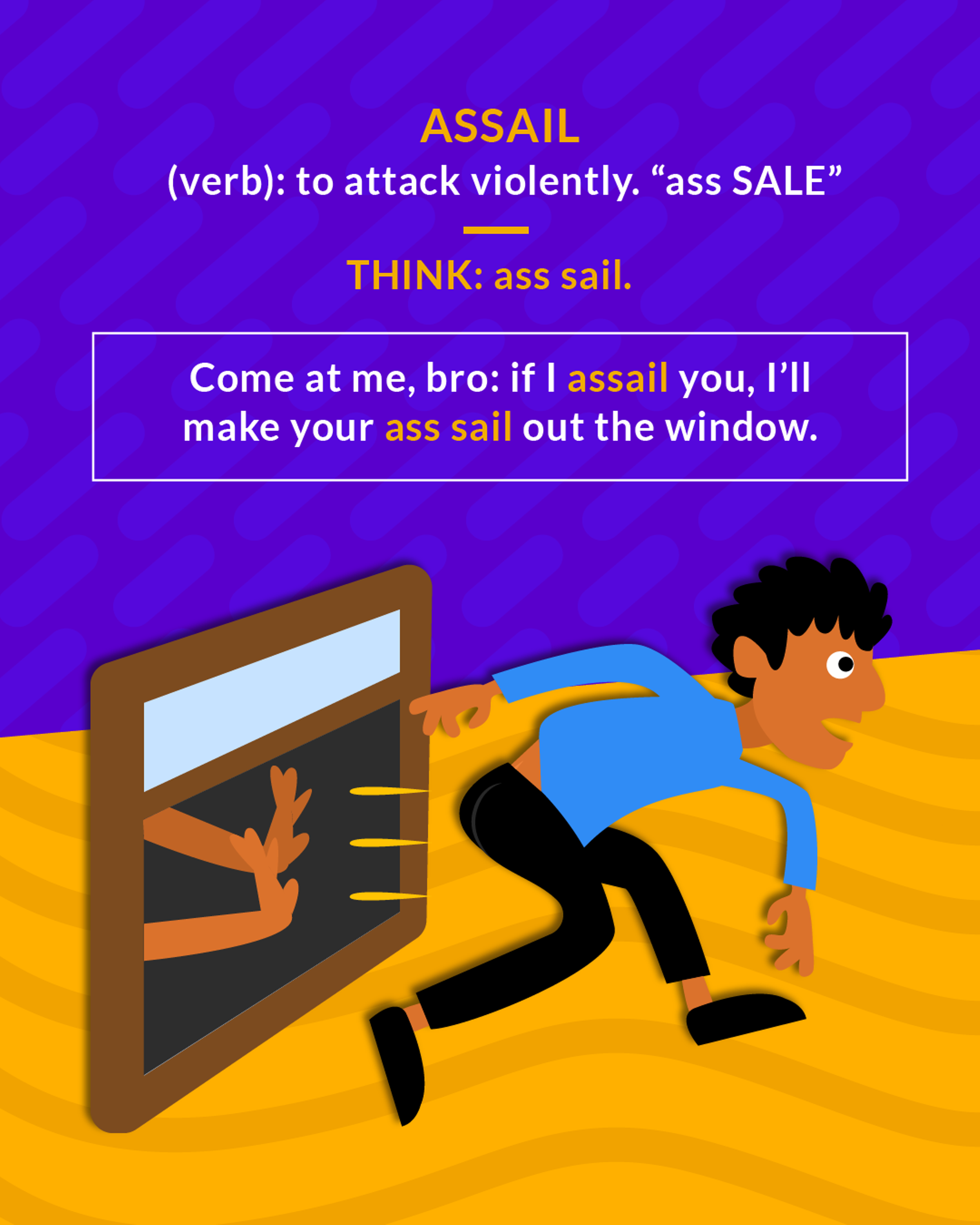 Assail cartoon: a man diving out of a window away from grasping hands