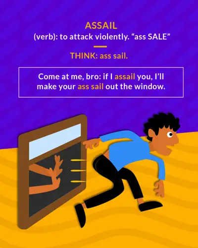 Assail cartoon: a man diving out of a window away from grasping hands