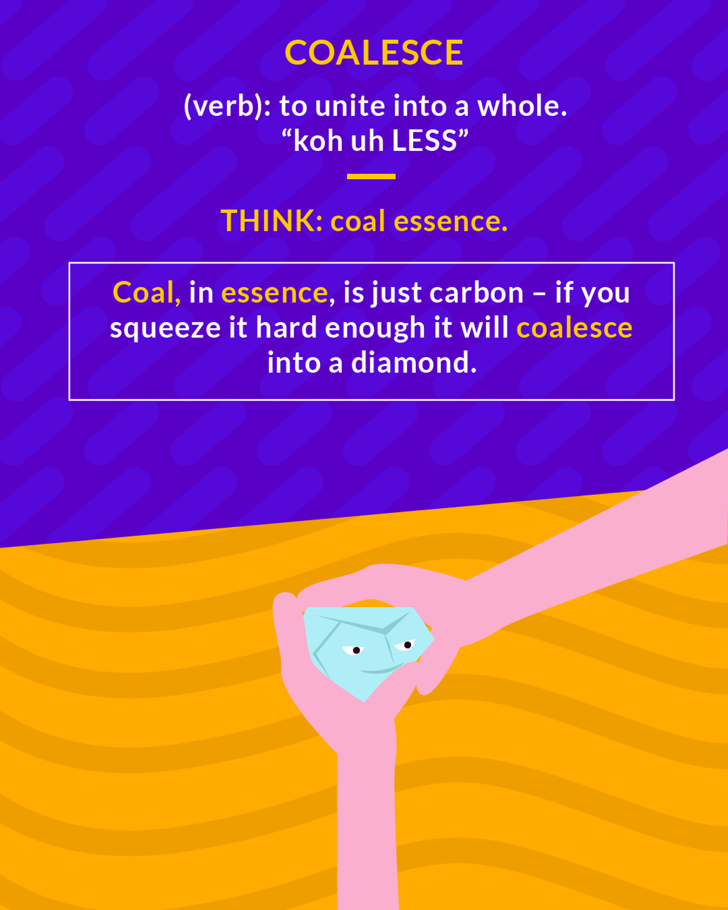Coalesce cartoon: a hand holding a diamond made from a lump of coal