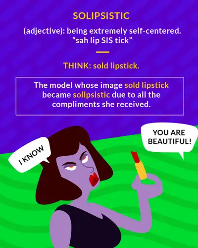 Solipsistic cartoon: a woman applying lipstick while dismissing a compliment