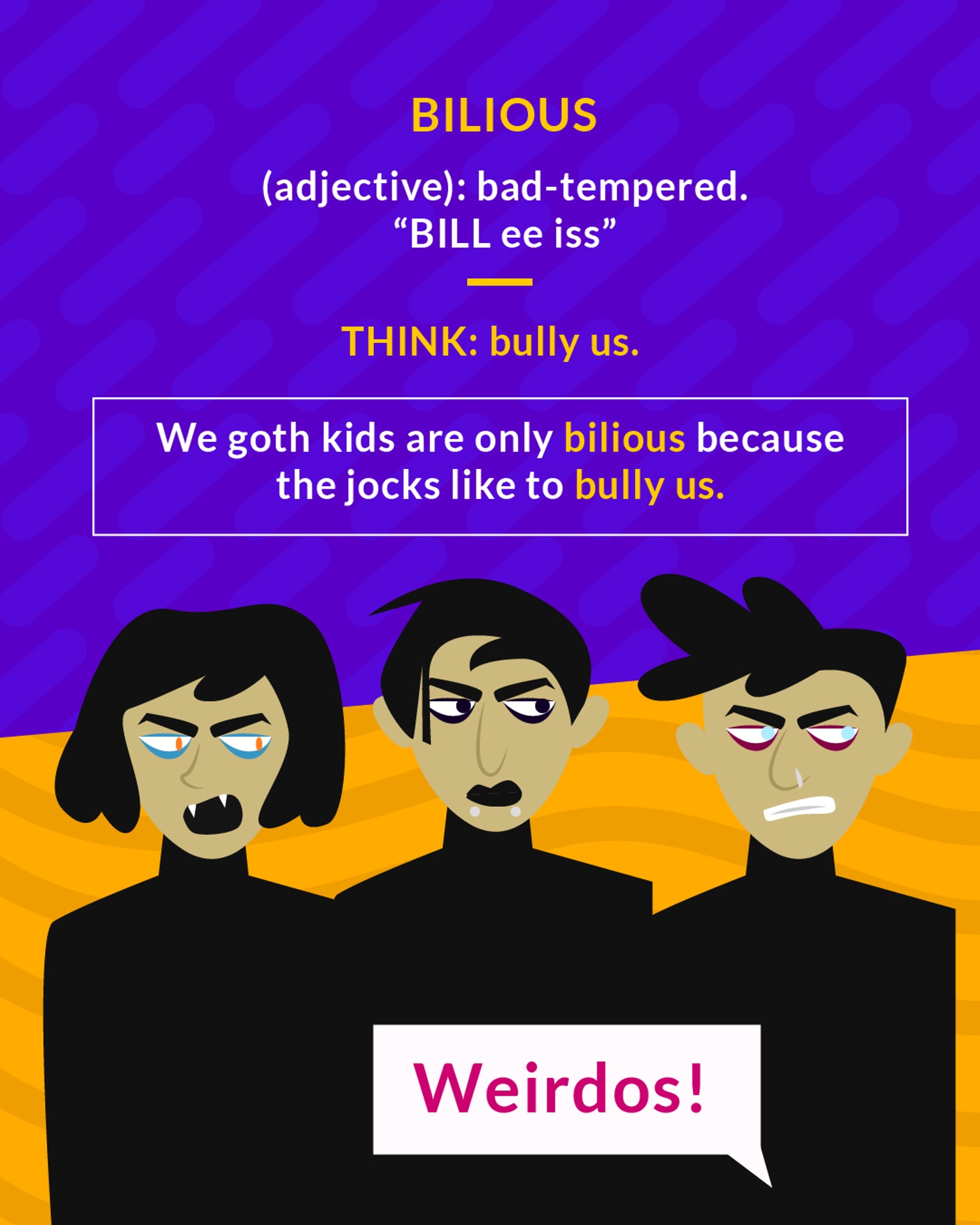 Bilious cartoon: three scowling teens in black with a speech bubble saying Weirdos