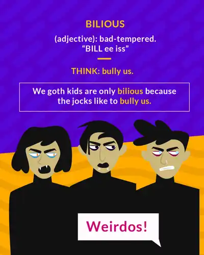 Bilious cartoon: three scowling teens in black with a speech bubble saying Weirdos