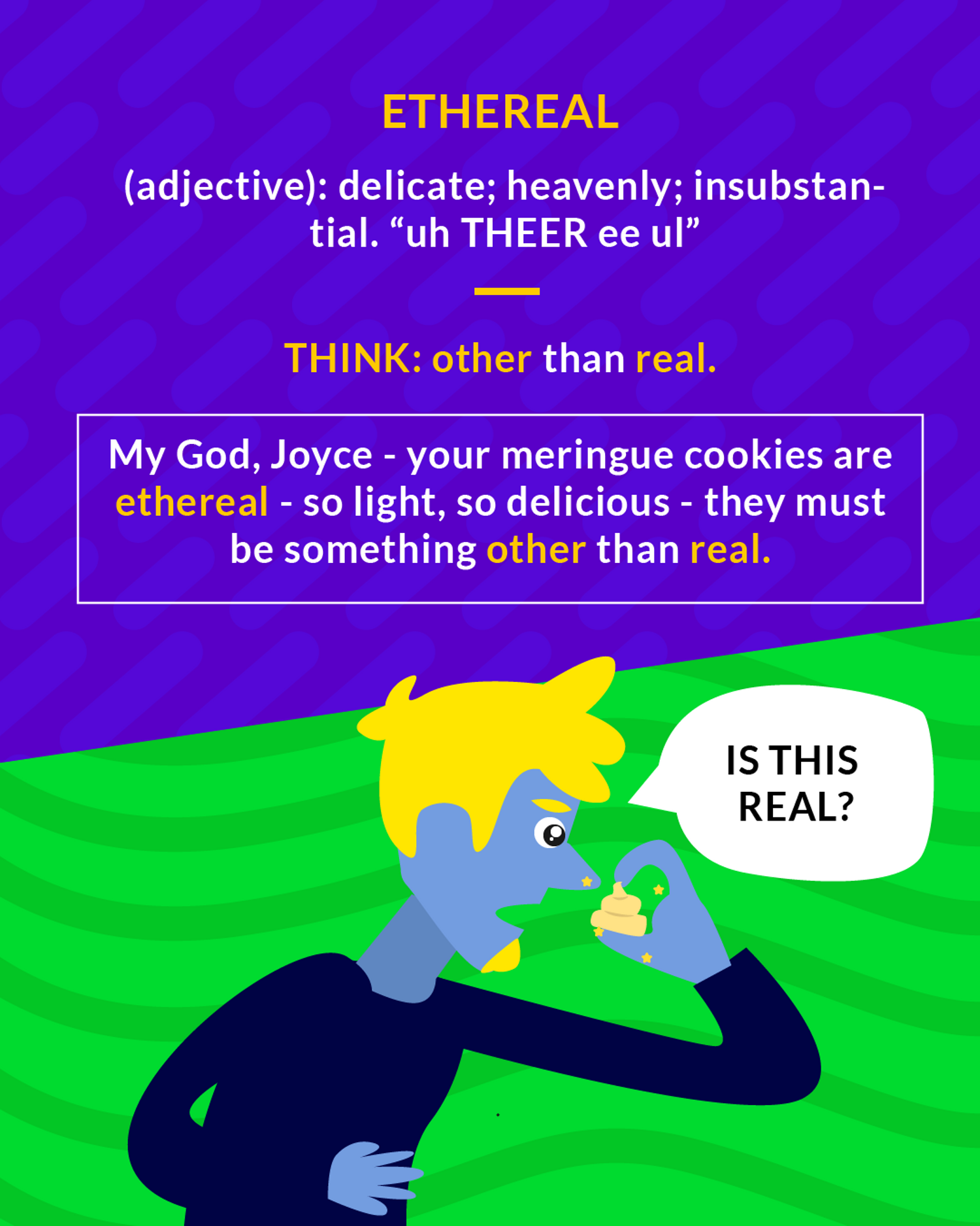 Ethereal cartoon: a man asking IS THIS REAL while holding up a tiny sparkling meringue