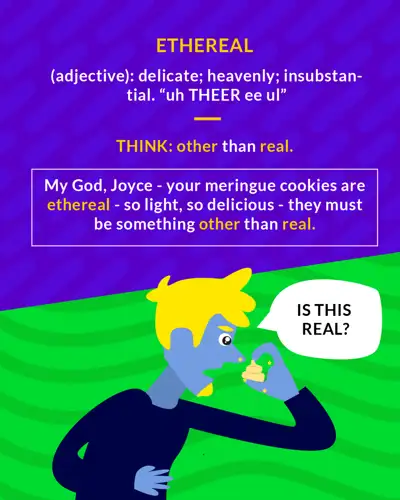 Ethereal cartoon: a man asking IS THIS REAL while holding up a tiny sparkling meringue