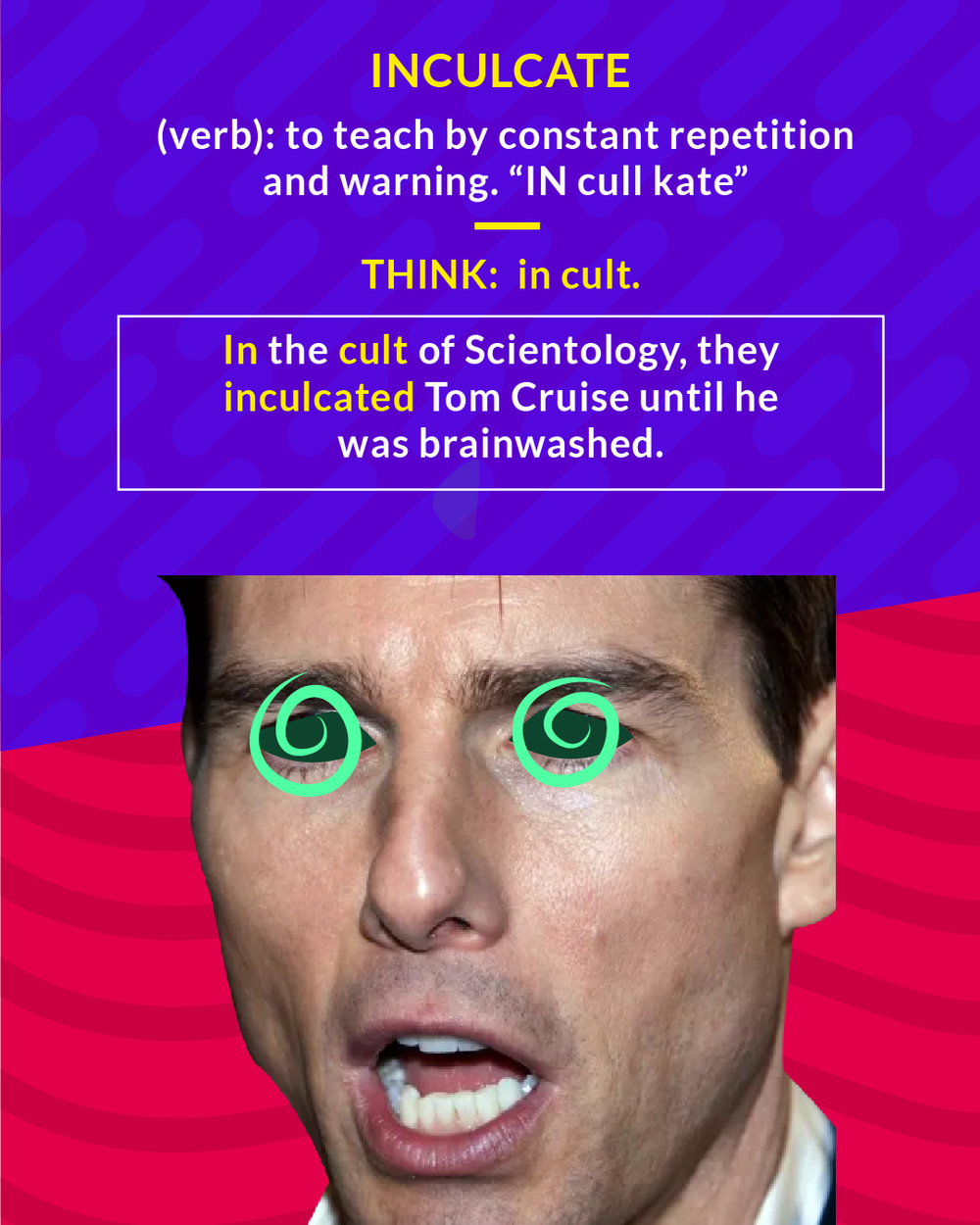 Inculcate cartoon: a man's face with hypnotic spiral eyes