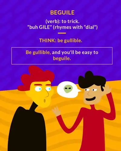 Beguile cartoon: a man talking to a wide eyed friend with a speech bubble showing a green face