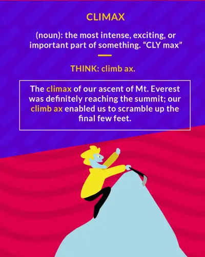 Climax cartoon: a climber swinging an ice ax into a mountain peak