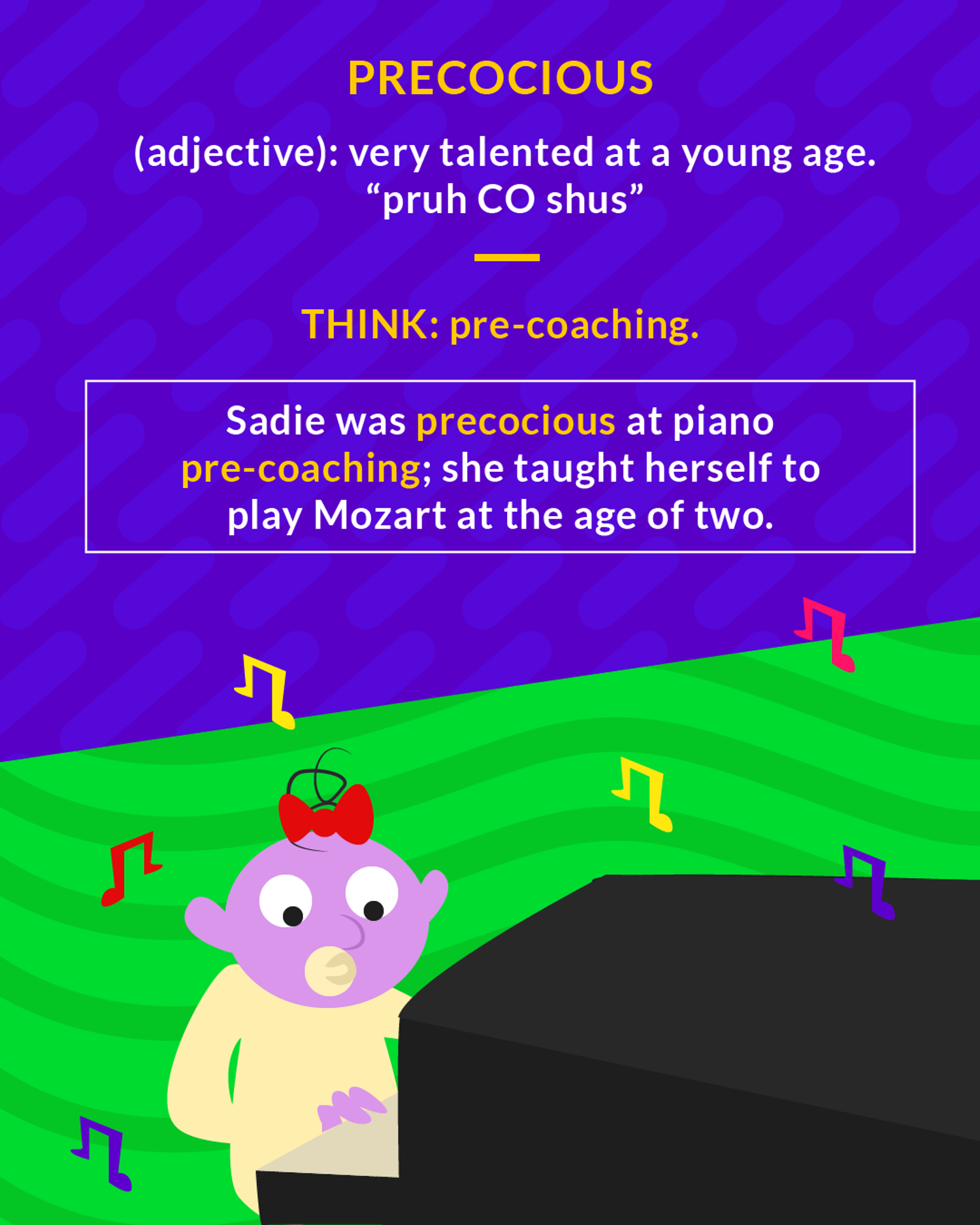 Precocious cartoon: a baby playing piano with musical notes floating around