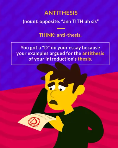 Antithesis cartoon: a student staring in dismay at an essay marked with a D