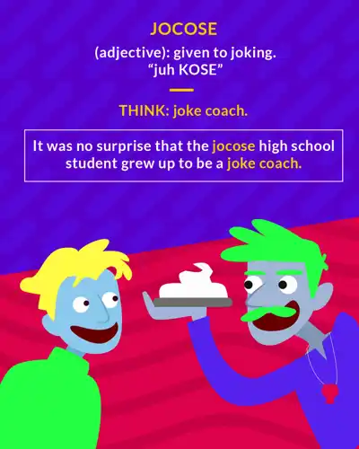 Jocose cartoon: two men joking around, one holding a pie