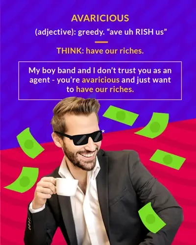 Avaricious cartoon: a smug man surrounded by flying cash