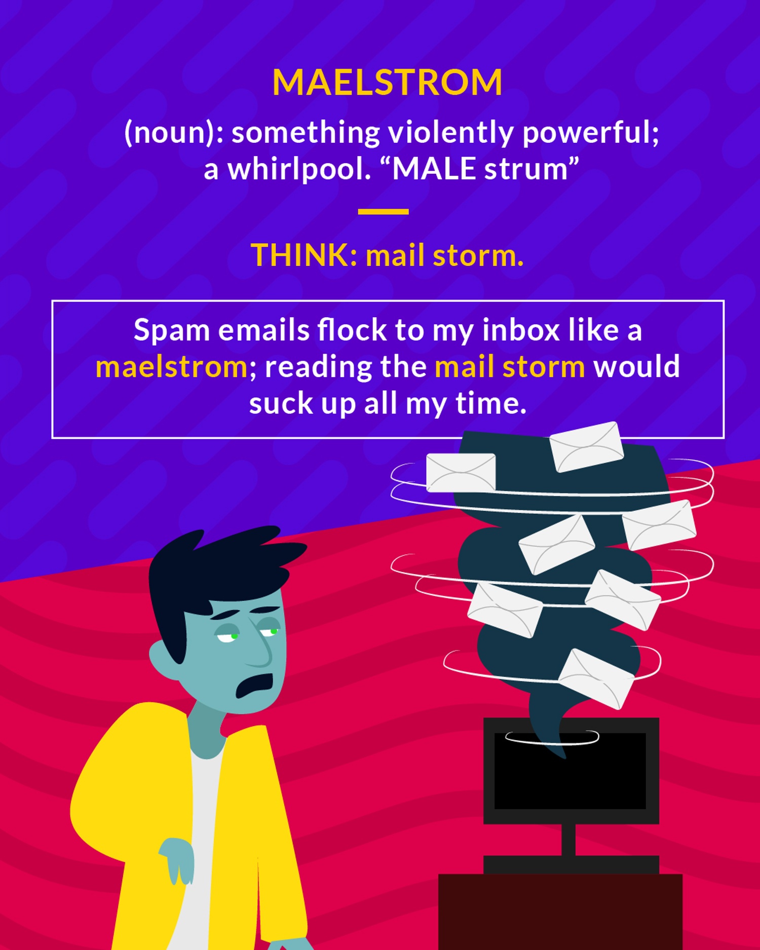Maelstrom cartoon: a man watching envelopes swirl above a computer