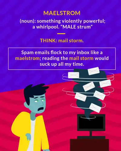 Maelstrom cartoon: a man watching envelopes swirl above a computer